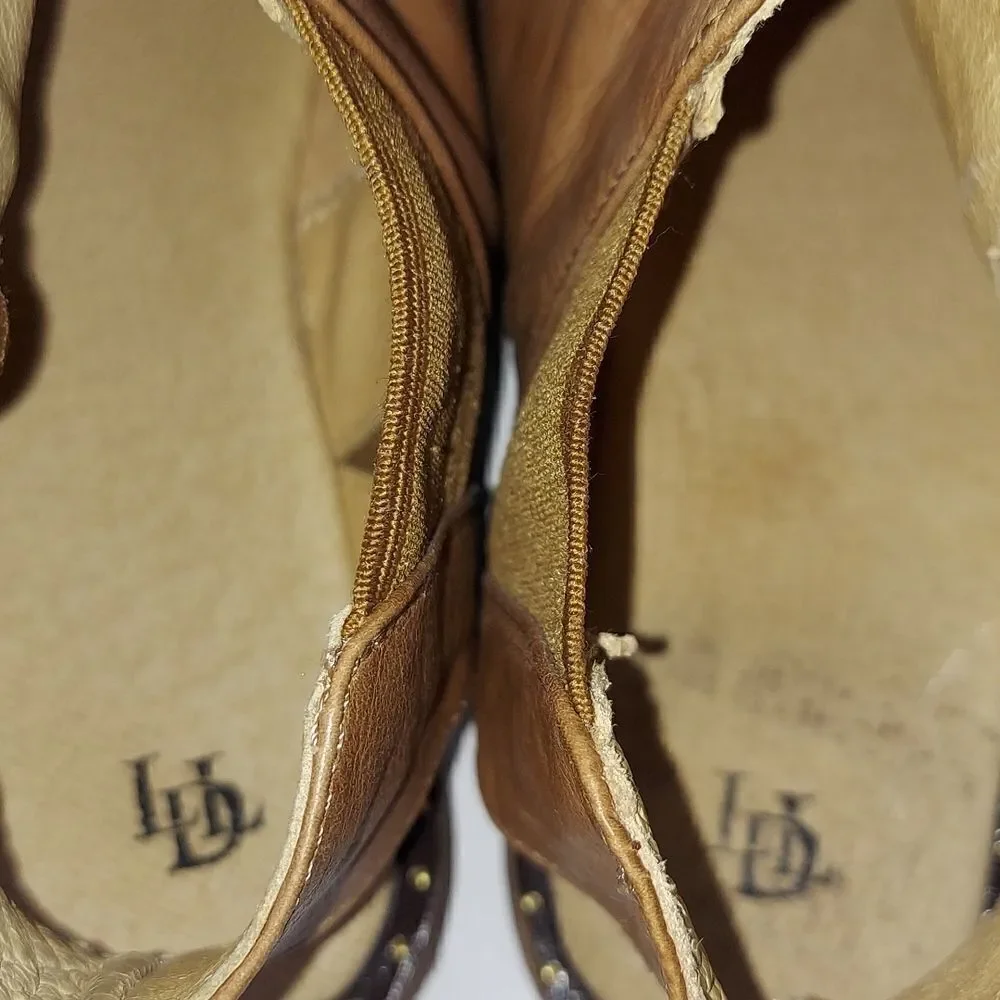 Luxe De Leon LDL Tan Leather Peep Toe Slide On Sandals Sz 9.5